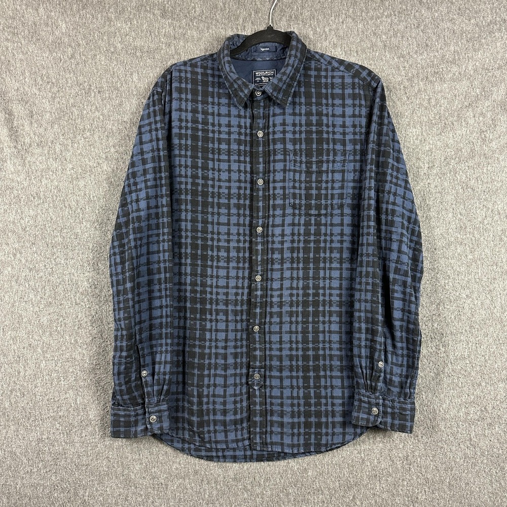 Woolrich Shirt Mens Medium Blue Black Plaid Long Sleeve Button Up Flannel
